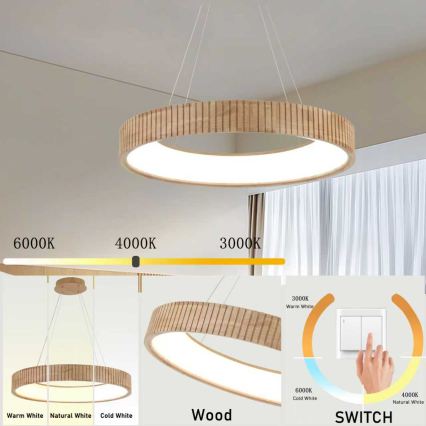 Brilagi – FALCON WOOD MODERN LED-pendel på kabel, 40 W LED / 230 V, 3000/4000/6000 K, Ø 60 cm, træ