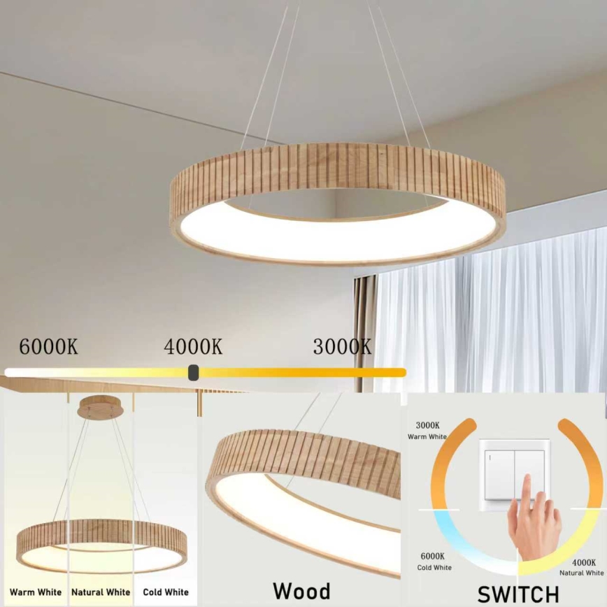Brilagi – FALCON WOOD MODERN LED-pendel på kabel, 40 W LED / 230 V, 3000/4000/6000 K, Ø 60 cm, træ
