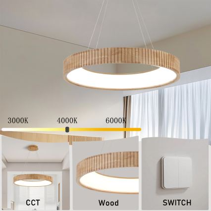 Brilagi – FALCON WOOD MODERN LED-pendel på kabel, 40 W LED / 230 V, 3000/4000/6000 K, Ø 60 cm, træ