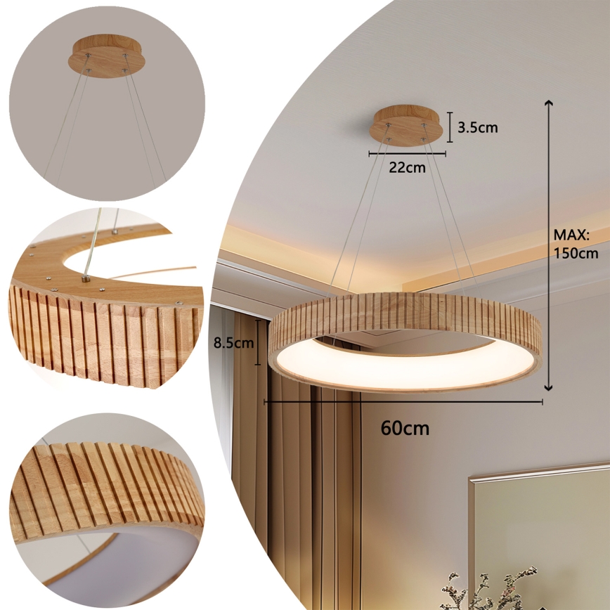 Brilagi – FALCON WOOD MODERN LED-pendel på kabel, 40 W LED / 230 V, 3000/4000/6000 K, Ø 60 cm, træ