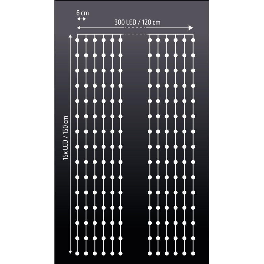 Brilagi - LED lysgardin 300xLED/8 funktioner/3xAA/USB 1,2 m koldt hvidt lys