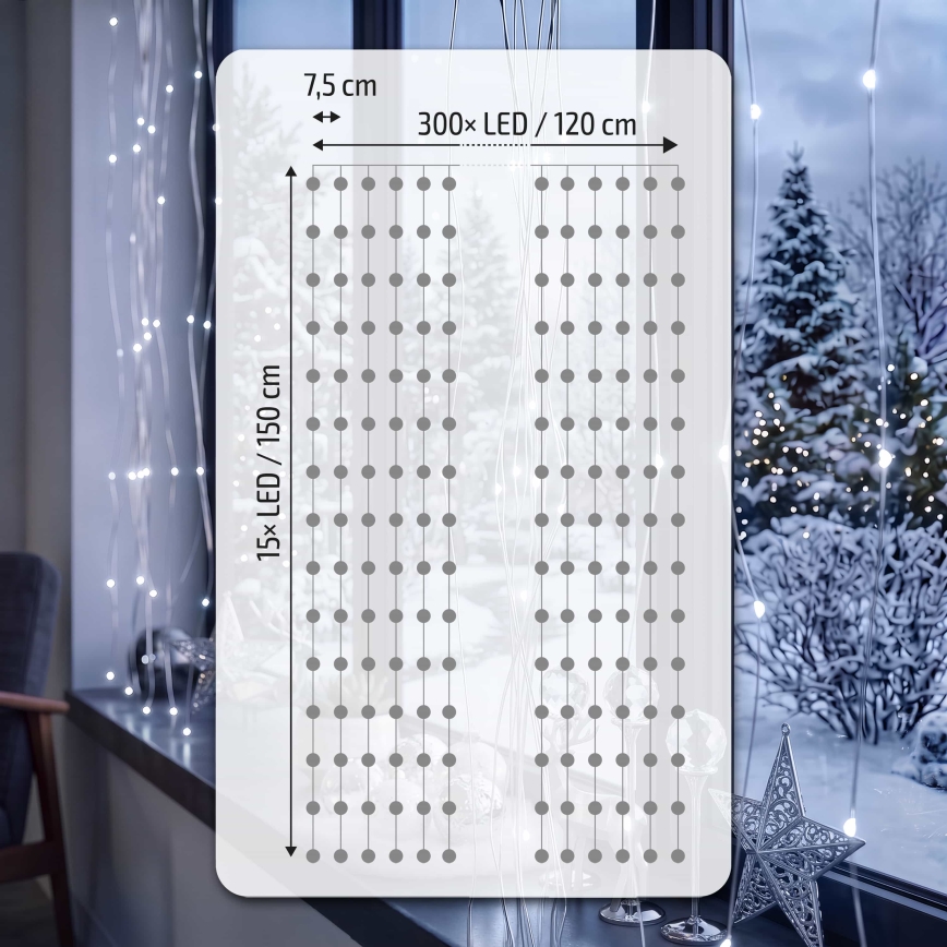 BRILAGI - LED lysgardin 300xLED/8 funktioner/3xAA/USB 1,2 m koldt hvidt lys