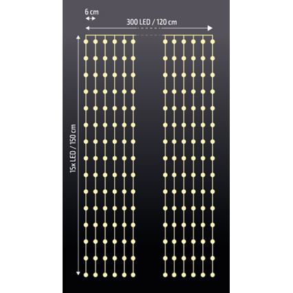 Brilagi - LED lysgardin 300xLED/8 funktioner/3xAA/USB 1,2 m varmt hvidt lys