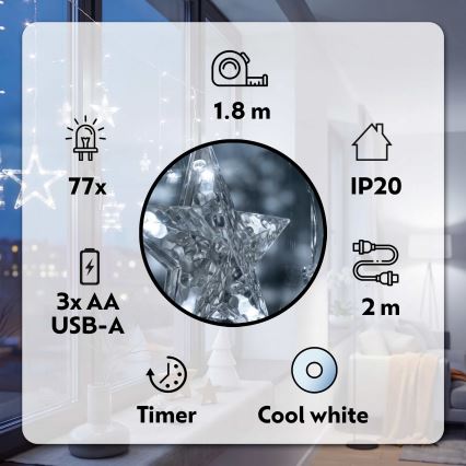 BRILAGI - LED lysgardin 77xLED/3xAA/USB 1,8 m koldt hvidt lys