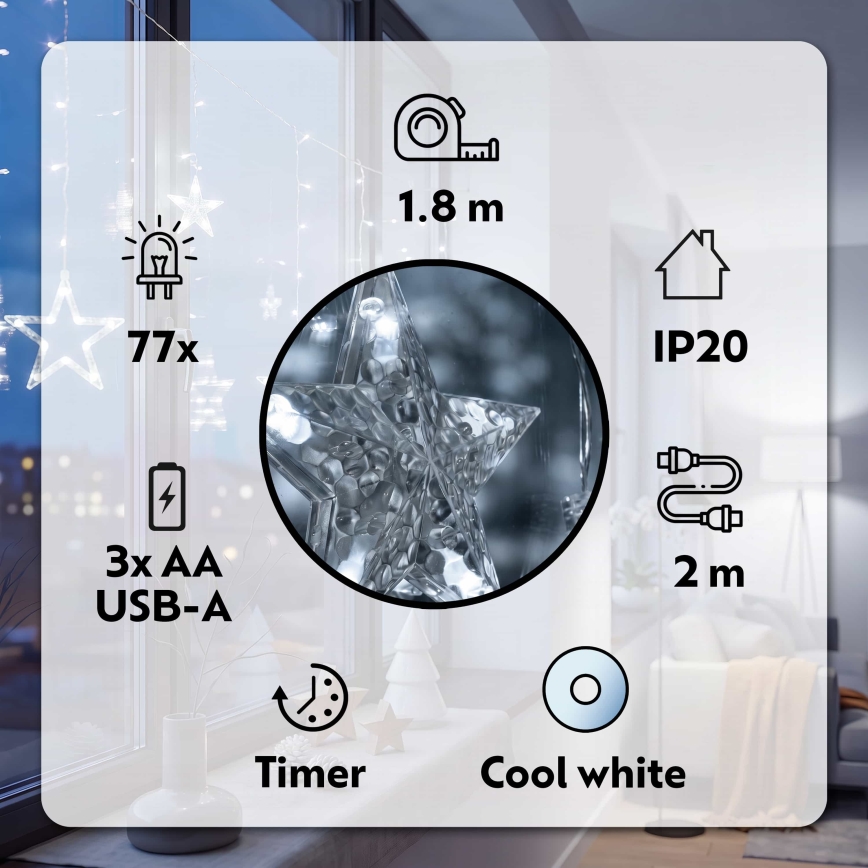 BRILAGI - LED lysgardin 77xLED/3xAA/USB 1,8 m koldt hvidt lys