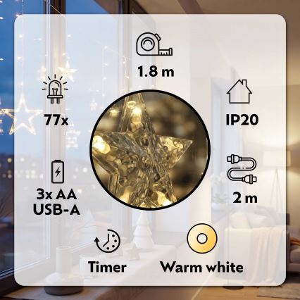BRILAGI - LED lysgardin 77xLED/3xAA/USB 1,8 m varmt hvidt lys