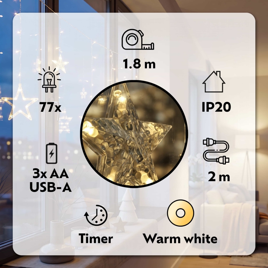 BRILAGI - LED lysgardin 77xLED/3xAA/USB 1,8 m varmt hvidt lys