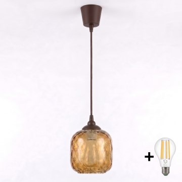 Brilagi - LED-pendel med kabelophæng RETRO GLASS 1xE27/60W/230V Ø 14 cm brun/røget brun