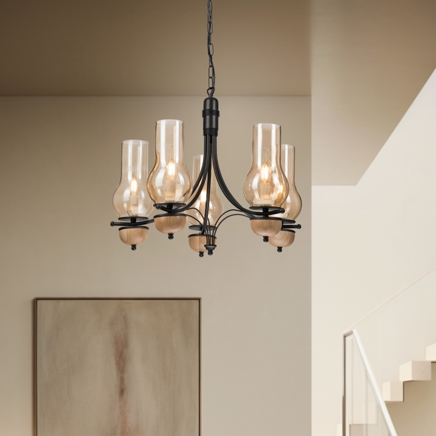 Brilagi - LED Pendel med kædeophæng COTTAGE 5xE14/40W/230V bøg/brun