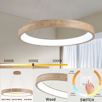 Brilagi - LED-lysekrone på wire FALCON WOOD LED/60W/230V 3000/4000/6000K Ø 80 cm træ