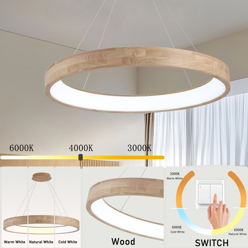 Brilagi - LED-lysekrone på wire FALCON WOOD LED/60W/230V 3000/4000/6000K Ø 80 cm træ