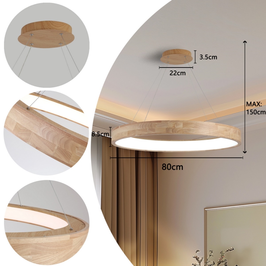 Brilagi - LED-lysekrone på wire FALCON WOOD LED/60W/230V 3000/4000/6000K Ø 80 cm træ
