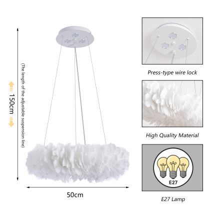 Brilagi - LED-pendel med wire FEATHER 3xE27/40W/230V + 3xLED/3W Ø 50 cm hvid