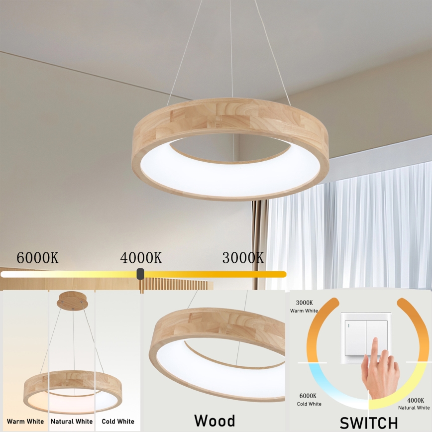 Brilagi - LED-pendel på wire FALCON WOOD LED/30W/230V 3000/4000/6000K Ø 45 cm træ