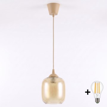 Brilagi - LED-pendel med wireophæng RETRO GLASS 1xE27/60W/230V Ø 14 cm beige/røget brun