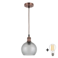 Brilagi - LED-pendel med wireophæng RETRO GLASS 1xE27/60W/230V Ø 18 cm kobber/røggrå