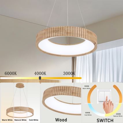 Brilagi - LED-pendel på wire FALCON WOOD MODERN LED/30W/230V 3000/4000/6000K Ø 45 cm træ