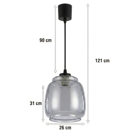 Brilagi - LED-pendel med wire RETRO GLASS 1xE27/60W/230V Ø 26 cm sort/røget grå