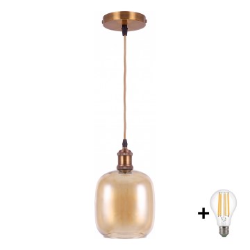 BRILAGI - LED-pendel på kabel RETRO GLASS 1xE27/60W/230V Ø 14 cm guld/røget brun