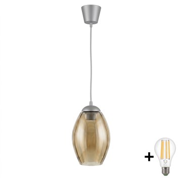Brilagi - LED-pendel på kabel RETRO GLASS 1xE27/60W/230V Ø 17 cm sølv/røget beige