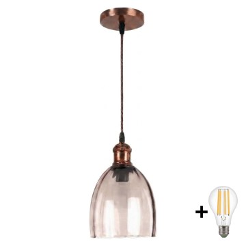 Brilagi - LED-pendel på ledning RETRO GLASS 1xE27/60W/230V Ø 17 cm kobber/røget beige