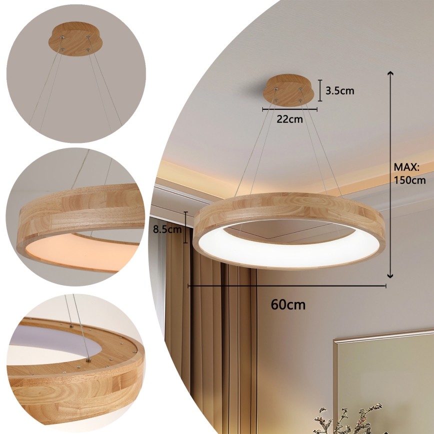 Brilagi - LED-pendel på wire FALCON WOOD LED/40W/230V 3000/4000/6000K Ø 60 cm træ