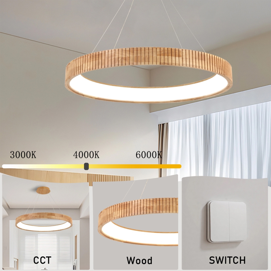 Brilagi - LED-pendel på wire FALCON WOOD MODERN LED/60W/230V 3000/4000/6000K Ø 80 cm træ