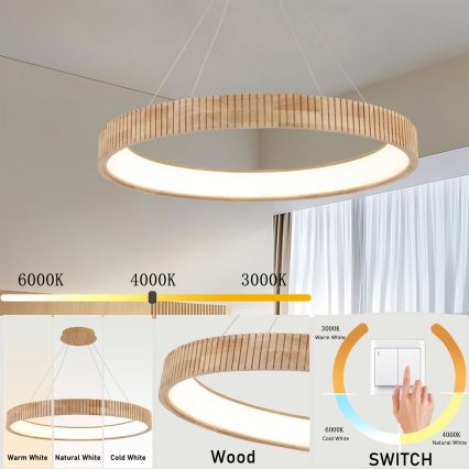 Brilagi - LED-pendel på wire FALCON WOOD MODERN LED/60W/230V 3000/4000/6000K Ø 80 cm træ