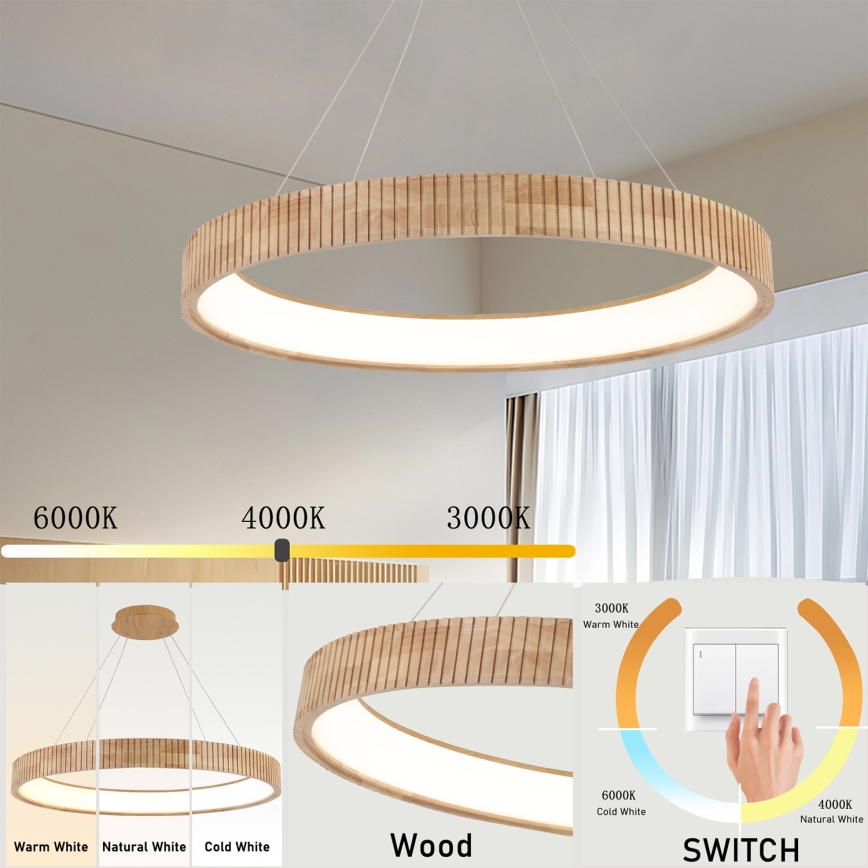 Brilagi - LED-pendel på wire FALCON WOOD MODERN LED/60W/230V 3000/4000/6000K Ø 80 cm træ