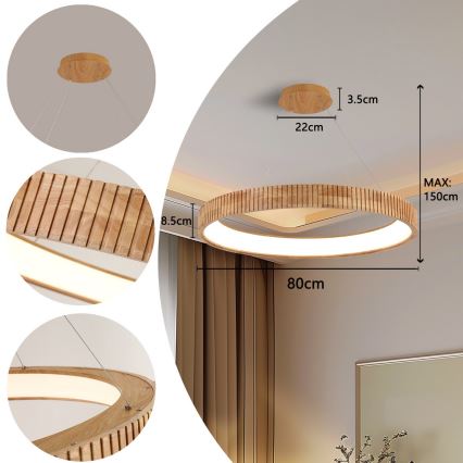 Brilagi - LED-pendel på wire FALCON WOOD MODERN LED/60W/230V 3000/4000/6000K Ø 80 cm træ