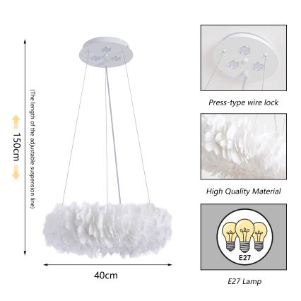 Brilagi - LED-pendel på wire FEATHER 3xE27/40W/230V + 3xLED/3W Ø 40 cm hvid