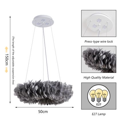 Brilagi - LED-pendel på wire FEATHER 3xE27/40W/230V + 3xLED/3W Ø 50 cm grå