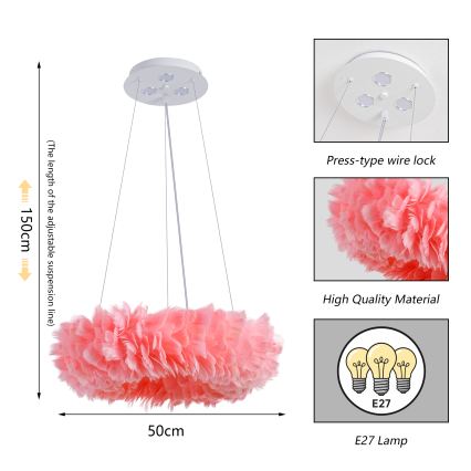 BRILAGI - LED-pendel på wire FEATHER 3xE27/40W/230V + 3xLED/3W Ø 50 cm lyserød