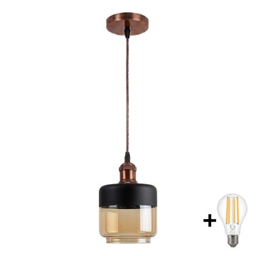 Brilagi - LED-pendel på wire RETRO GLASS 1xE27/60W/230V Ø 14 cm kobber/røgbeige/sort