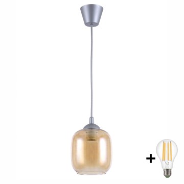 Brilagi - LED-pendel på wire RETRO GLASS 1xE27/60W/230V Ø 14 cm sølv/røget brun