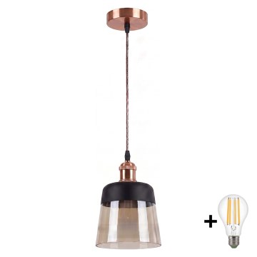 Brilagi - LED-pendel på wire RETRO GLASS 1xE27/60W/230V Ø 15,5 cm kobber/røget beige/sort