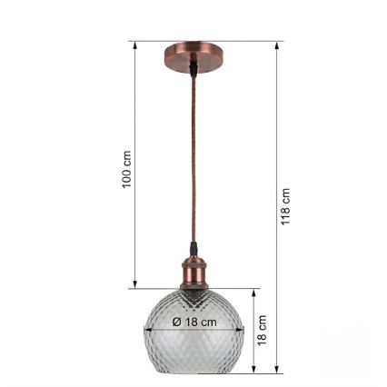 BRILAGI - LED-pendel med wireophæng RETRO GLASS 1xE27/60W/230V Ø 18 cm kobber/røggrå