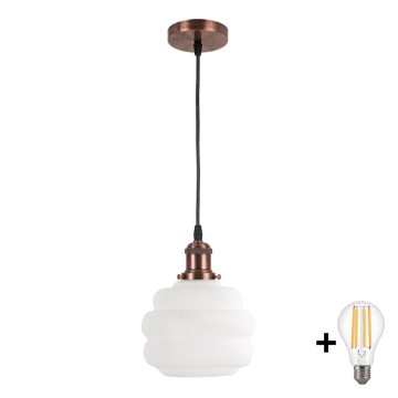 Brilagi - LED-pendel på wire RETRO GLASS 1xE27/60W/230V Ø 20 cm kobber/hvid
