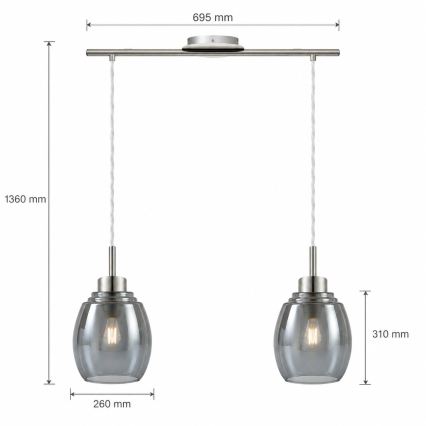 BRILAGI - LED pendel på wire RETRO GLASS 2xE27/60W/230V mat krom/røggrå