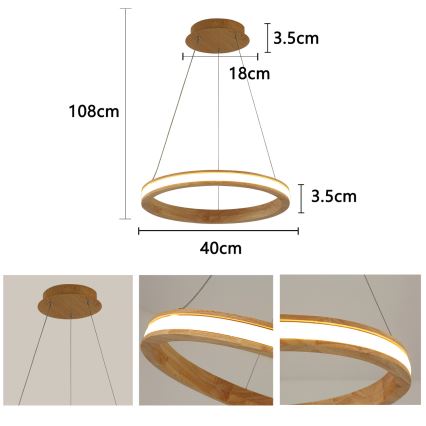 Brilagi - LED-pendel på wire UMEA WOOD LED/30W/230V Ø 40 cm gummitræ