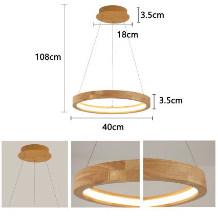 Brilagi - LED-pendel på wire UMEA WOOD LED/30W/230V Ø 40 cm, gummitræ