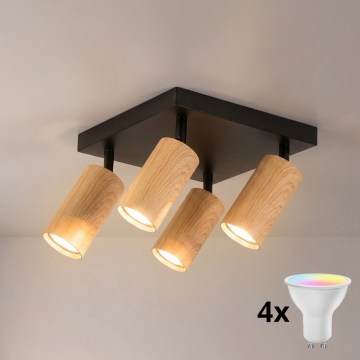 Brilagi - LED RGBW Dæmpbar spotlampe SELE SQUARE 4xGU10/6,5W/230V 2700-6500K sort/egetræsfiner