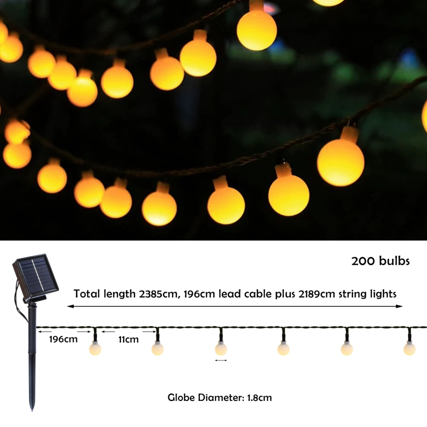 Brilagi - LED solcelledrevet dekorationslyskæde BUBBLE, 200 LED/8 funktioner, 20 m, IP65, varmhvid, 800 mAh