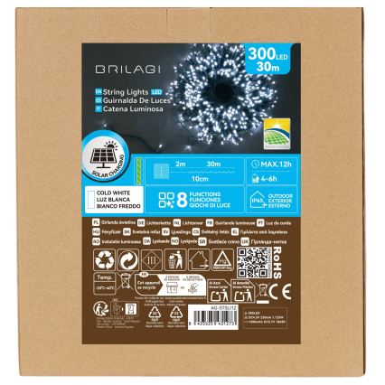 BRILAGI - LED solcelledrevet julelyskæde 300xLED/8 funktioner 32m 1200 mAh IP65 kølig hvid