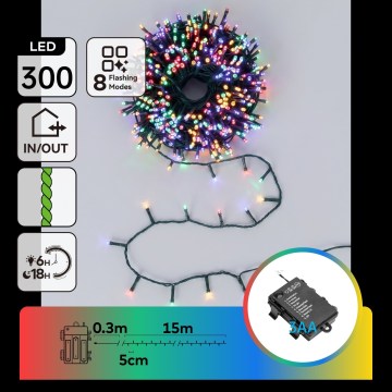 BRILAGI - LED udendørs julelyskæde 300xLED/3xAA/8 funktioner 15,3m IP44 multifarvet