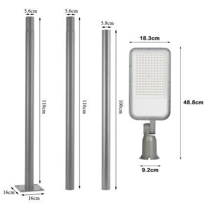 Brilagi - LED udendørs gadelampe med 3 m mast og justerbart led URBANLIGHT LED/100W/230V grå IP65