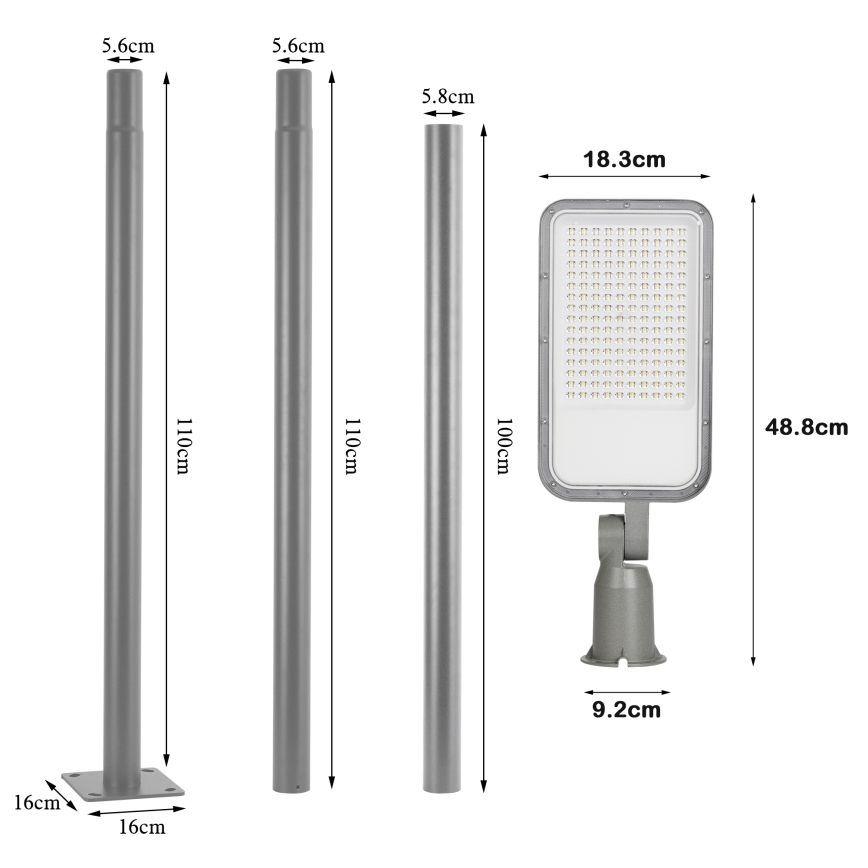 Brilagi - LED udendørs gadelampe med 3 m mast og justerbart led URBANLIGHT LED/100W/230V grå IP65