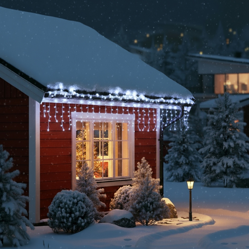 Brilagi - LED udendørs lyskæde 200 LED / 8 funktioner, 13 m, IP44, kold hvid, istapper