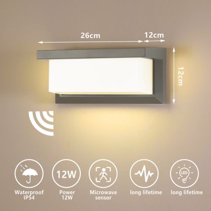 Brilagi - LED Udendørs væglampe med sensor BRICKY LED/12W/230V grå IP54