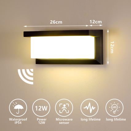 Brilagi - LED Udendørs væglampe med sensor BRICKY LED/12W/230V sort IP54
